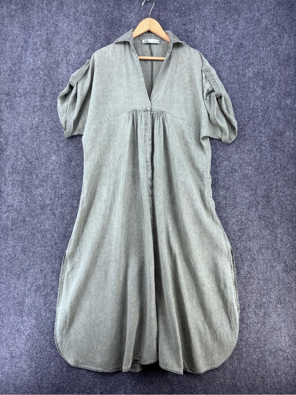Zara Coastal Quiet Luxury Green Linen Short Sleeve Midi Dress Womens S Oversized